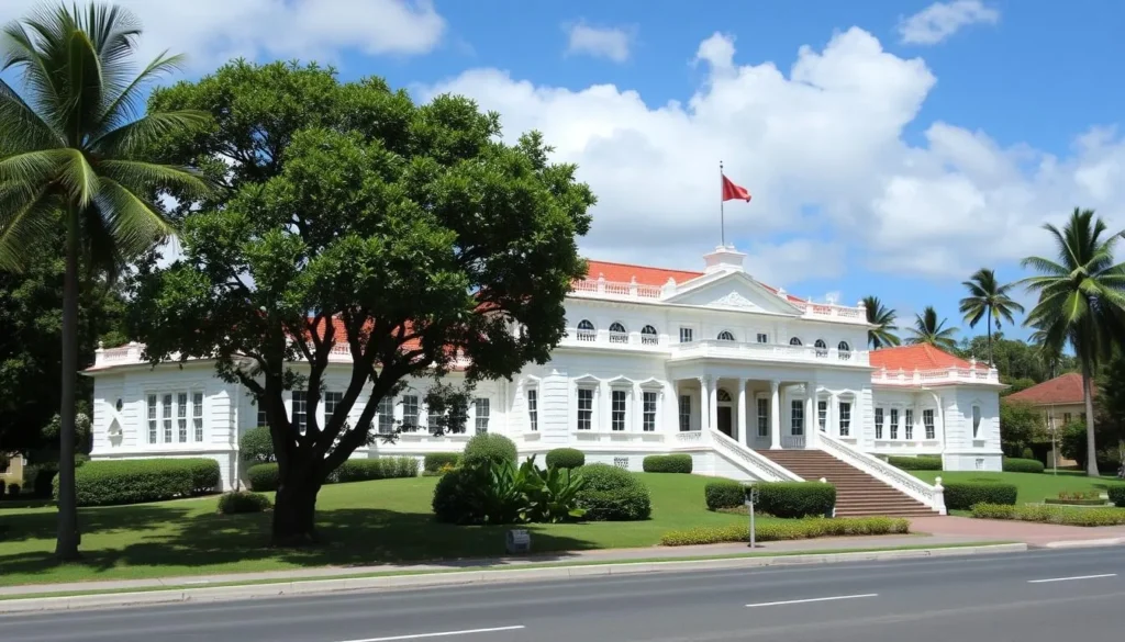 Generate an image of the Royal Palace in Nuku'alofa, Tonga, situated on Vuna Road.