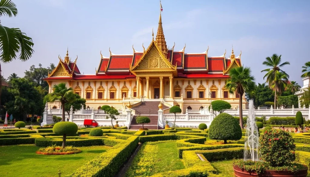 Generate an image of the Royal Palace in Phnom Penh, showcasing its stunning architecture and beautiful gardens.