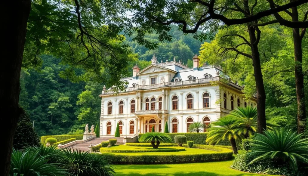 Generate an image of the Royal Palace of Riofrío surrounded by its forest.
