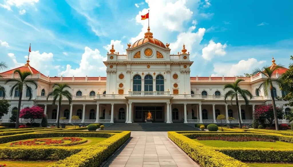 Generate an image of the Royal Regalia Museum in Bandar Seri Begawan, showcasing its grand architecture and beautifully manicured gardens.