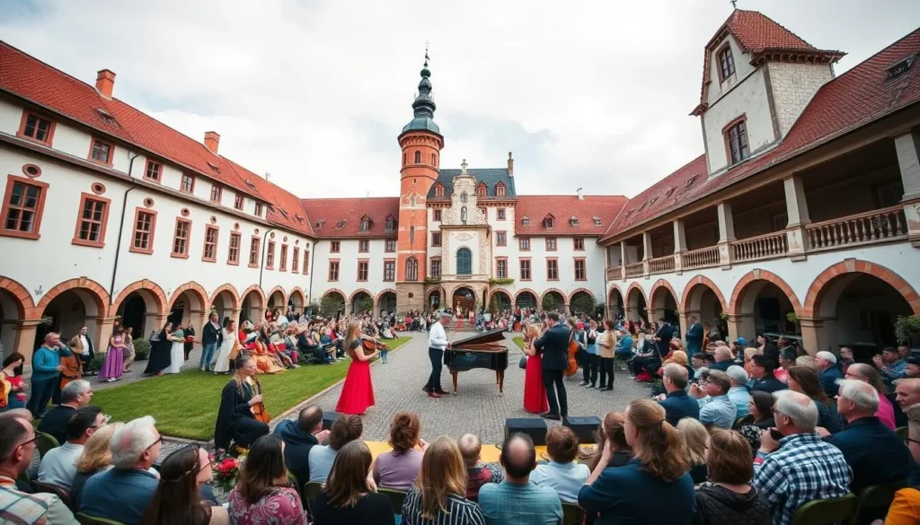 Generate an image of the Saaremaa Opera Festival in the courtyard of Kuressaare Castle.