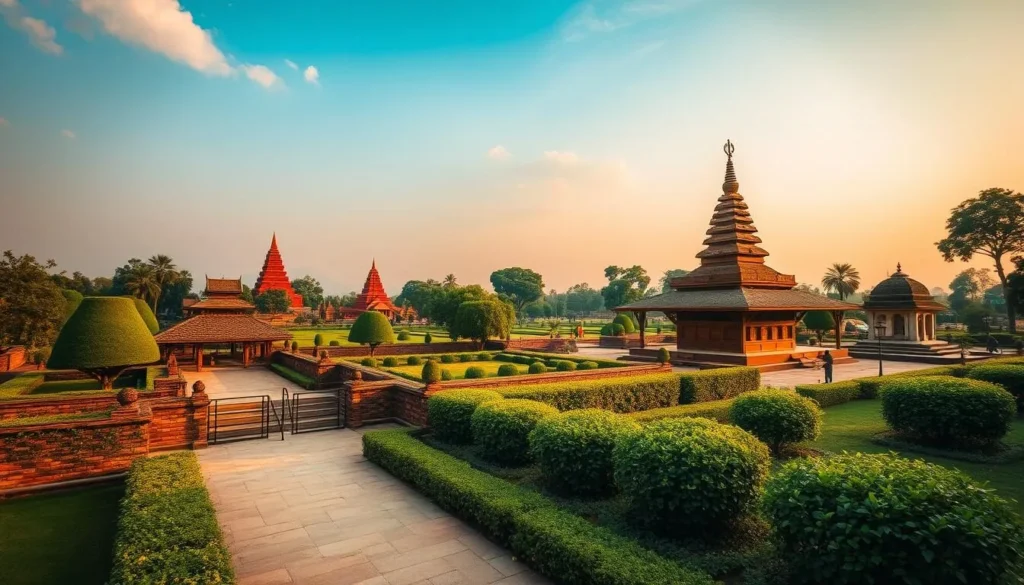 Generate an image of the Sacred Garden in Lumbini, Nepal, highlighting its serene atmosphere and significant Buddhist sites.