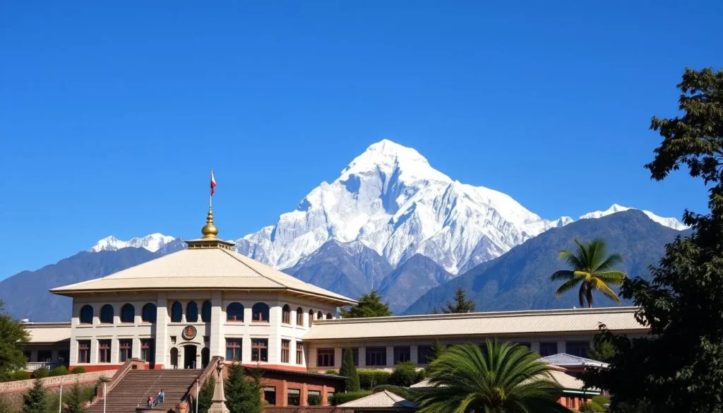 Generate an image of the Sagarmatha National Park Museum with the majestic Mount Everest in the background.