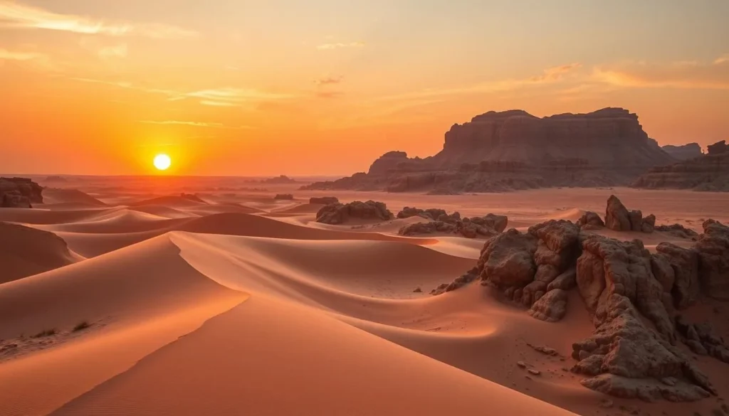 Generate an image of the Sahara Desert in Chad, showcasing its vast sand dunes and rocky plateaus.