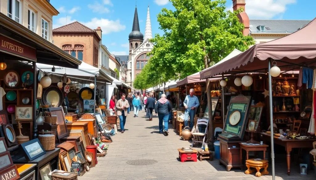 Generate an image of the Saint-Ouen Flea Market with various antique shops and vendors.