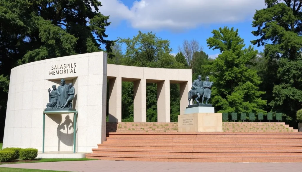 Generate an image of the Salaspils Memorial, focusing on one of its significant sculptures.