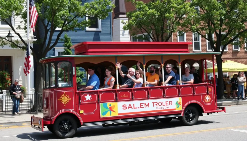 Generate an image of the Salem Trolley Tour in action, with passengers enjoying the ride.