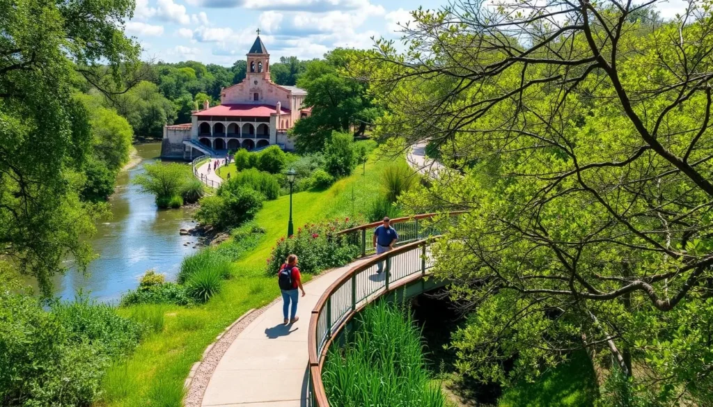 Generate an image of the San Antonio Missions National Historic Park's trail along the River Walk.