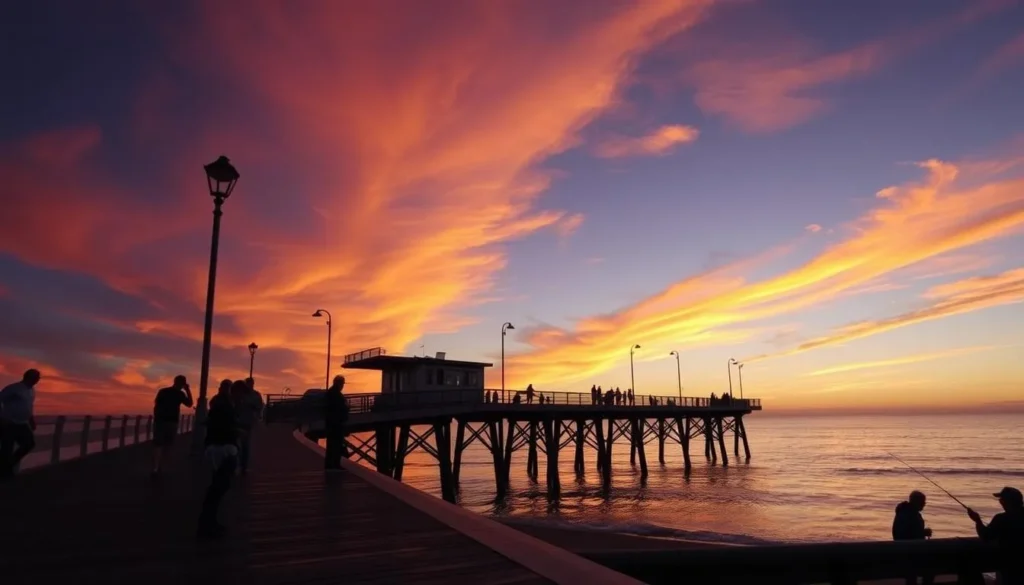 Generate an image of the San Clemente Pier at sunset with people strolling and fishing.