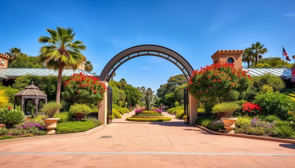 Generate an image of the San Diego Botanic Garden's main entrance, showcasing its beautiful gardens and tranquil atmosphere.