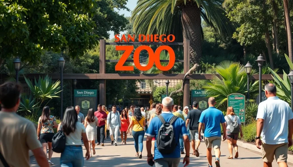Generate an image of the San Diego Zoo's entrance with visitors walking towards it.