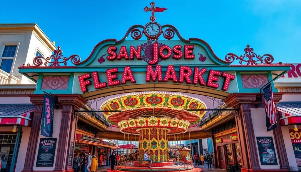 Generate an image of the San Jose Flea Market entrance with a vintage carousel in the background.