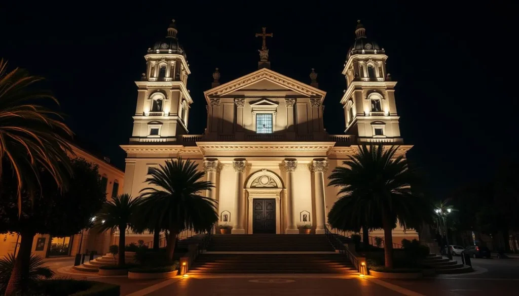 Generate an image of the San Roccu Cathedral in Ajaccio, France, showcasing its neoclassical architecture and illuminated façade at night.