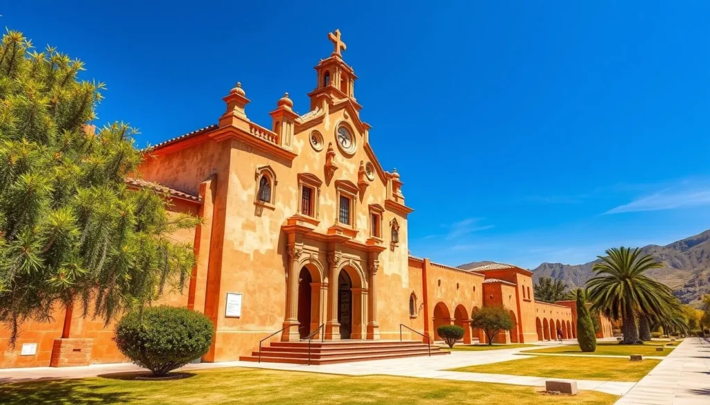 Generate an image of the San Xavier del Bac Mission, showcasing its stunning Baroque architecture and beautiful surroundings.
