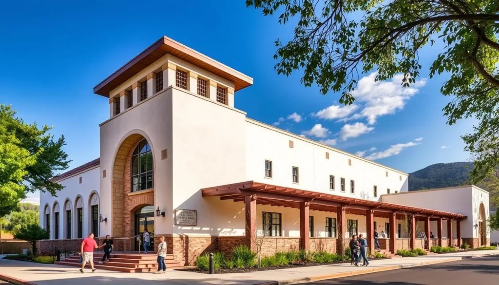 Generate an image of the Sangre de Cristo Arts and Conference Center's exterior, showcasing its unique architecture and vibrant surroundings.