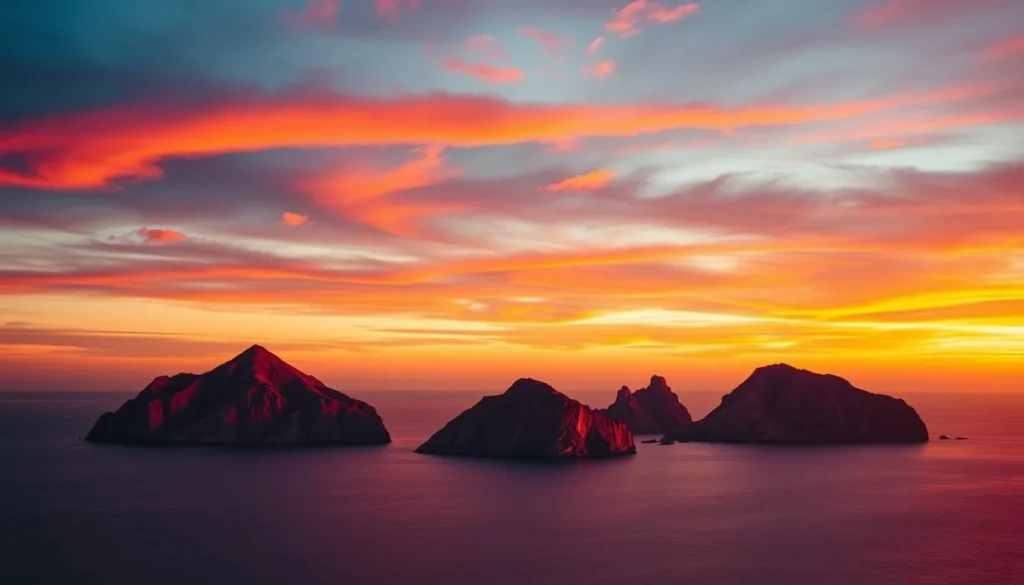 Generate an image of the Sanguinaires Islands at sunset with their characteristic red hue.