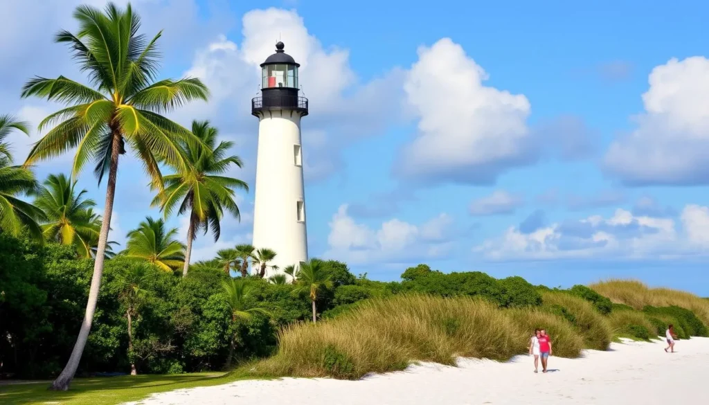 Generate an image of the Sanibel Island Lighthouse standing tall on the eastern tip of the island, surrounded by a beautiful park and beach.