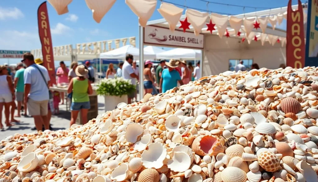 Generate an image of the Sanibel Shell Festival with a display of various seashells.
