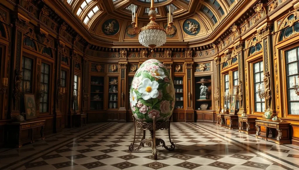 Generate an image of the Schatzkammer's grand hall with the Apple Blossom Egg on display