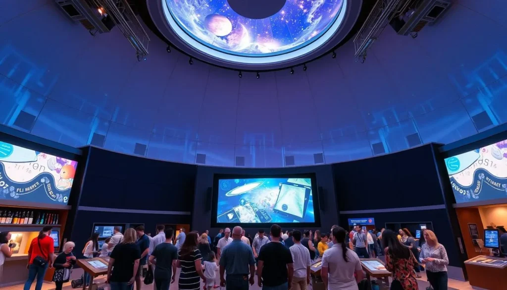 Generate an image of the Science Spectrum Museum and Omni Theater in Lubbock, Texas, showcasing its interactive exhibits and large dome screen.