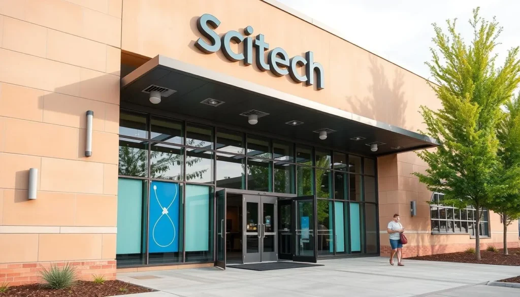 Generate an image of the Scitech Technology Center's exterior, showcasing its modern architecture and inviting entrance.