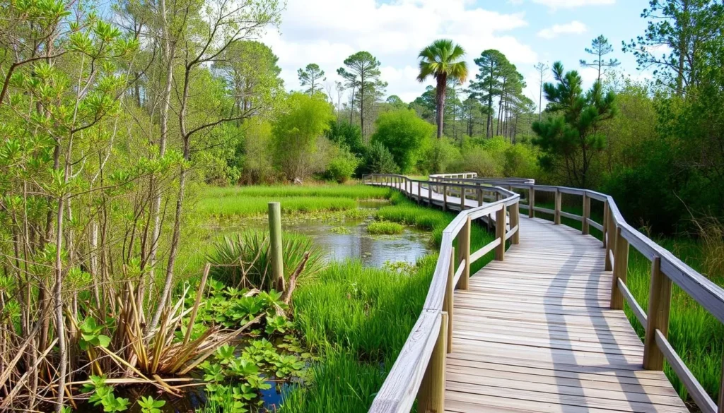 Generate an image of the Screw Creek Nature Walk boardwalk through wetlands.