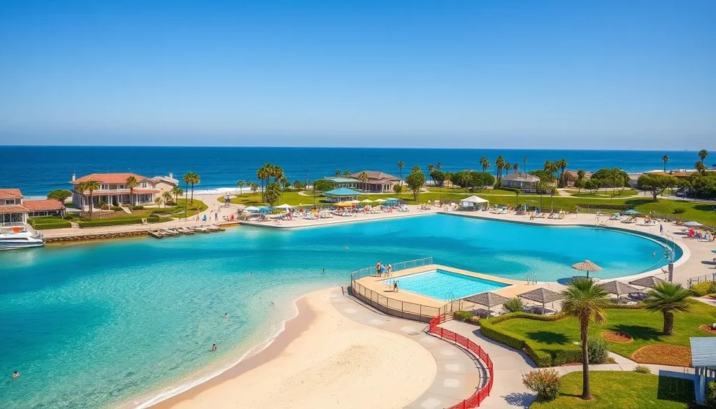 Generate an image of the Seaside Lagoon in Redondo Beach, California, showcasing its sandy beach and swimming area.