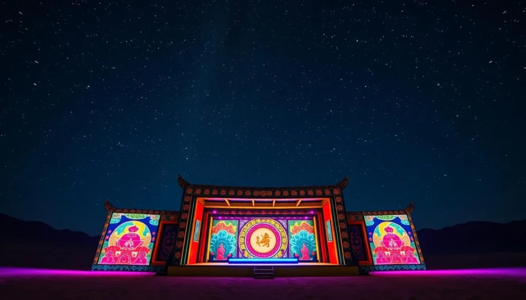 Generate an image of the "See Dunhuang Again" immersive performance stage under the desert sky.