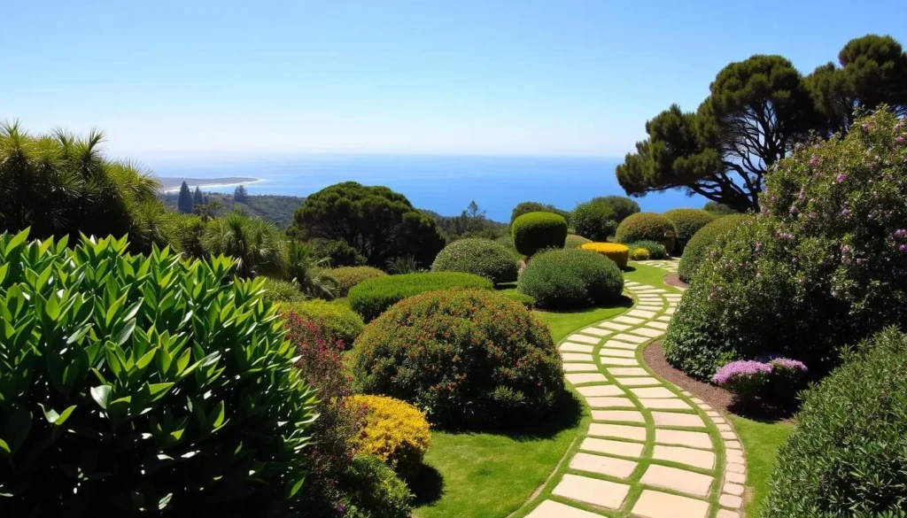 Generate an image of the Self-Realization Fellowship Meditation Gardens in Encinitas, California, showcasing its serene pathways and ocean views.
