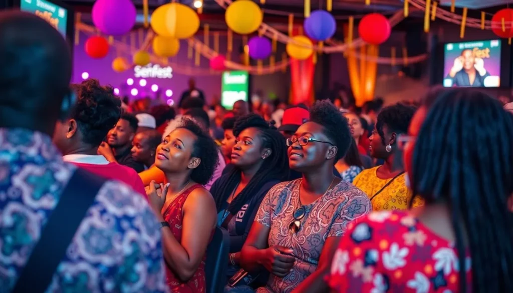 Generate an image of the SenFest festival with people watching African diasporic films.