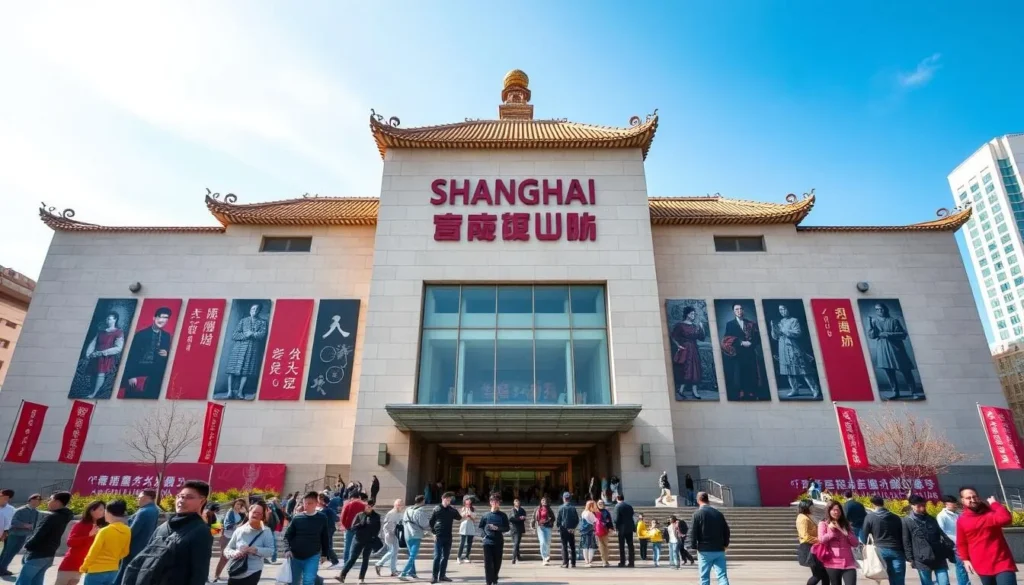 Generate an image of the Shanghai Museum's exterior with visitors walking towards it.