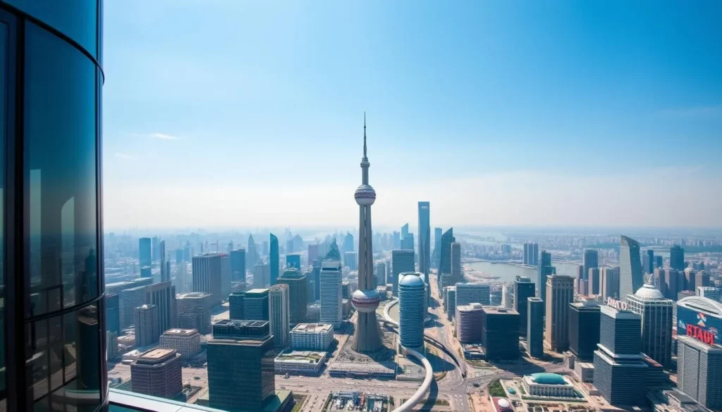 Generate an image of the Shanghai Tower's observation deck with a panoramic view of the city.