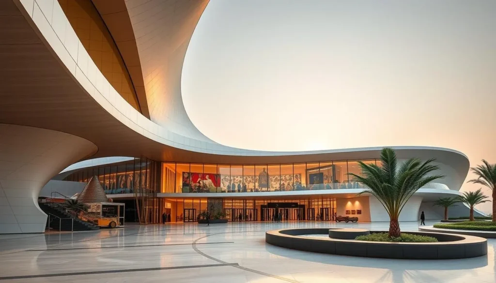Generate an image of the Sheikh Jaber Al-Ahmed Cultural Centre's exterior or interior, showcasing its modern architecture and cultural significance.