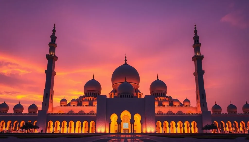 Generate an image of the Sheikh Zayed Grand Mosque at sunset