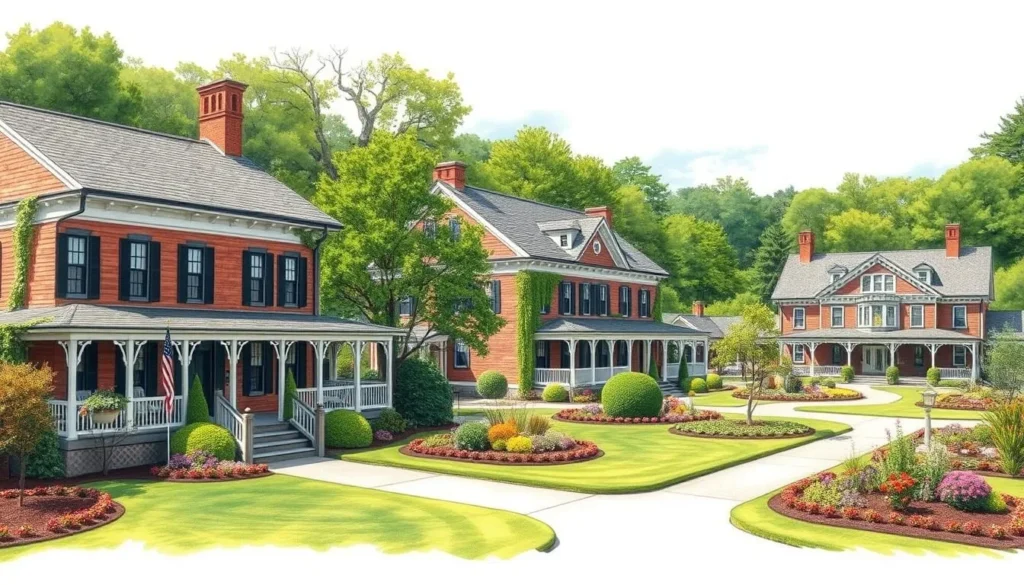 Generate an image of the Shelburne Museum's historic buildings and gardens.