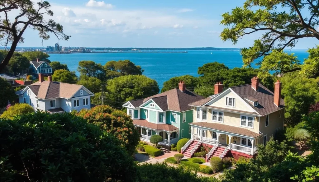 Generate an image of the Shelter Island Heights Historic District, showcasing its historic homes and scenic surroundings.