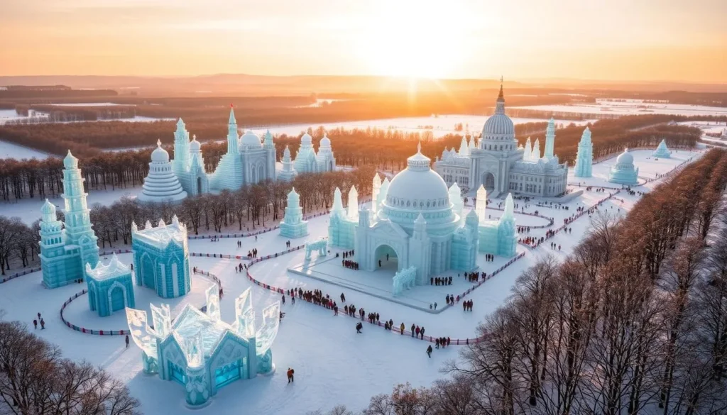 Generate an image of the Shenyang Ice and Snow Festival, showcasing intricate ice sculptures and snow-covered landscapes.