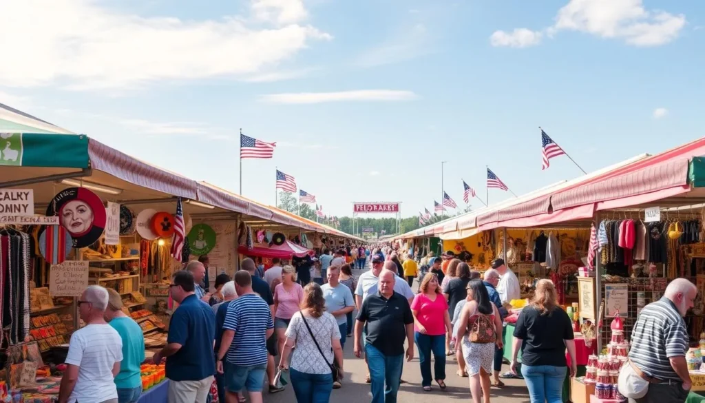 Generate an image of the Shipshewana Flea Market with multiple vendor booths and shoppers browsing through the stalls.
