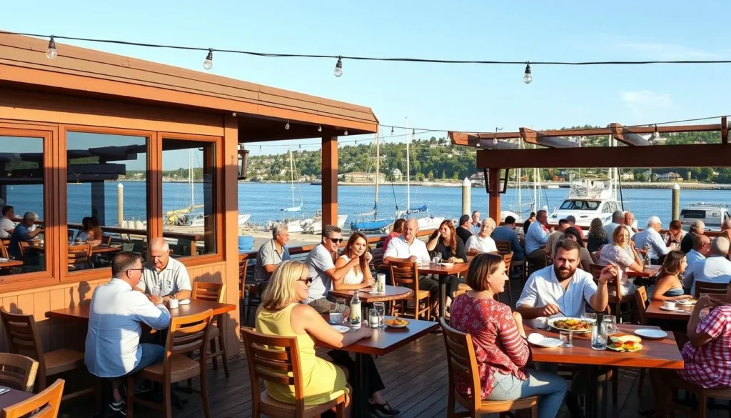 Generate an image of the Shoreline Restaurant's outdoor deck with diners enjoying their meal.