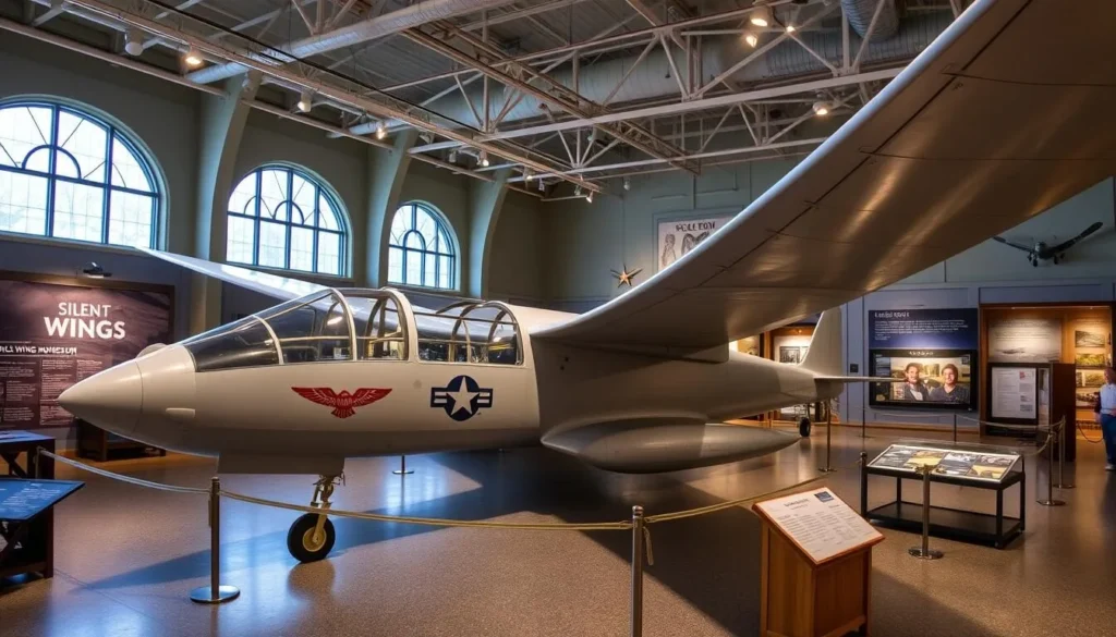 Generate an image of the Silent Wings Museum's exhibit featuring a restored World War II glider.