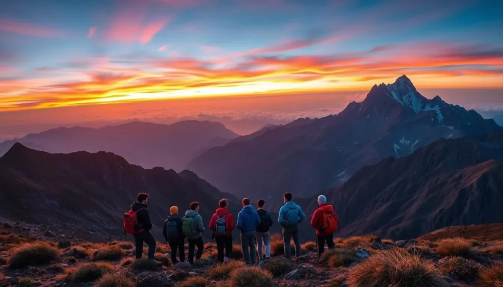 Generate an image of the Sindou Peaks at sunrise, with a trekking group in the foreground. Generate an image of the Sindou Peaks at sunrise, with a trekking group in the foreground.