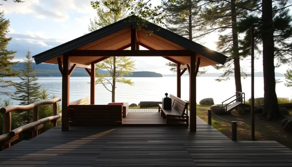 Generate an image of the Sisu and Löyly sauna with a serene view of Artists' Point.