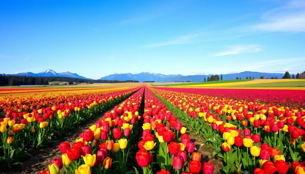 Generate an image of the Skagit Valley Tulip Festival with vibrant tulip fields and the Cascade Mountains in the background.