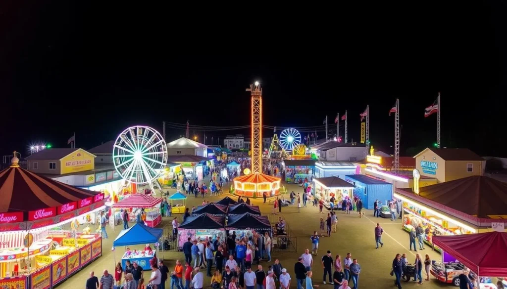 Generate an image of the Skowhegan State Fair's main grounds, featuring carnival rides, livestock exhibits, and live entertainment. Generate an image of the Skowhegan State Fair's main grounds, featuring carnival rides, livestock exhibits, and live entertainment.