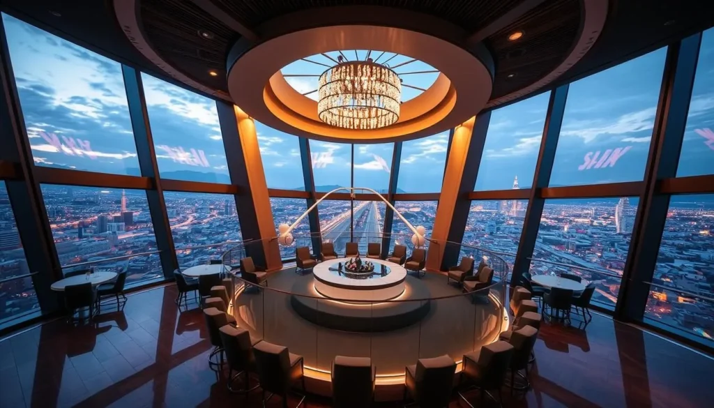 Generate an image of the Sky Club's interior, showcasing its rotating feature and the stunning views of Tirana.