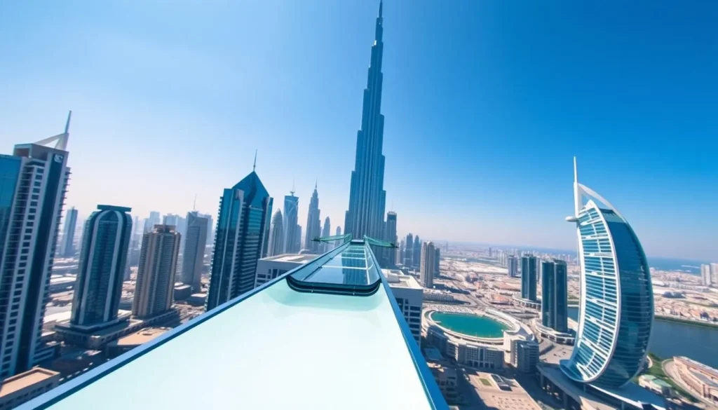Generate an image of the Sky Views Dubai glass slide with the city skyline in the background.