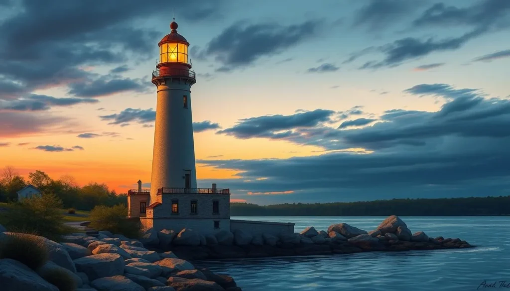 Generate an image of the Sleepy Hollow Lighthouse with the Hudson River in the background.
