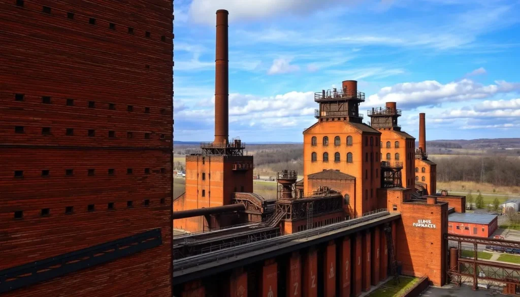 Generate an image of the Sloss Furnaces National Historic Landmark, showcasing its preserved blast furnaces.