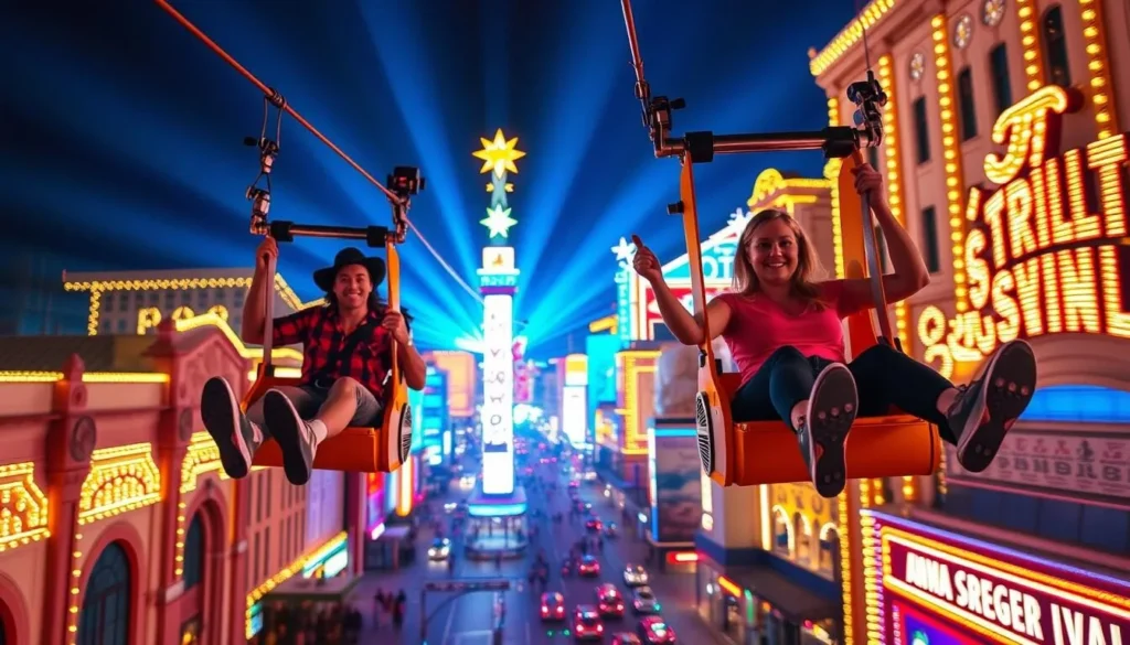 Generate an image of the SlotZilla Zipline with people flying above Fremont Street