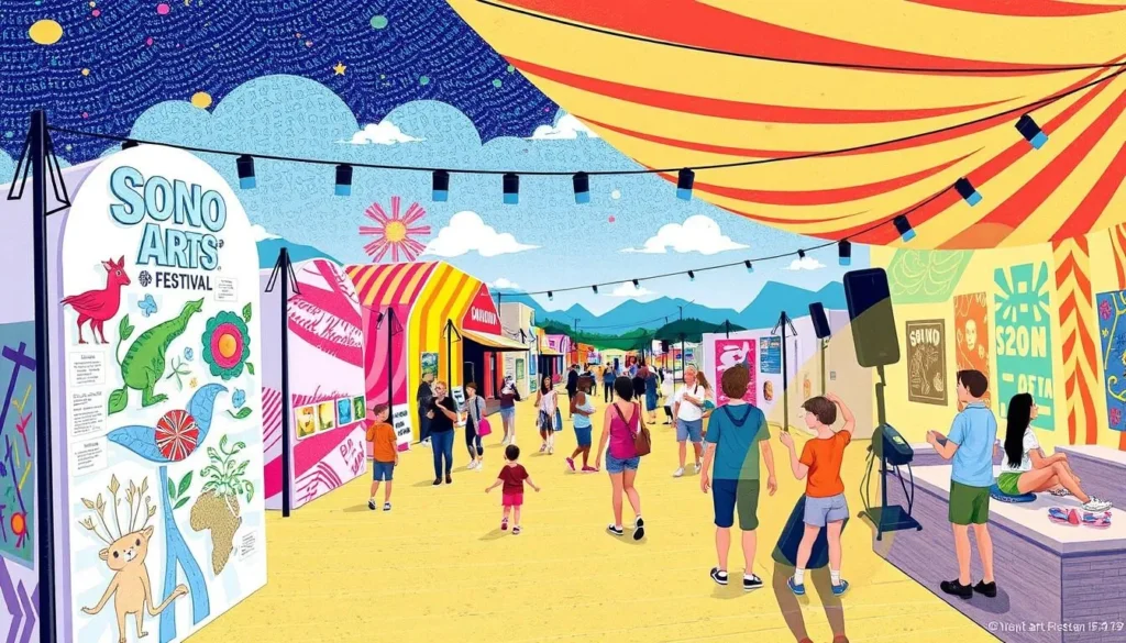 Generate an image of the SoNo Arts Festival, featuring a vibrant display of art pieces and live performances.